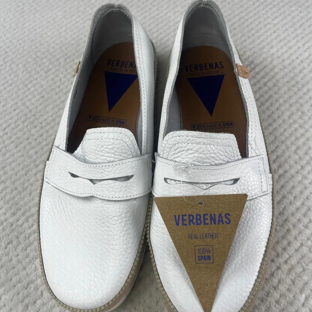 Verbenas White Pebbled Leather Penny Loafers Made in Spain Size 37/6.5-7 NEW